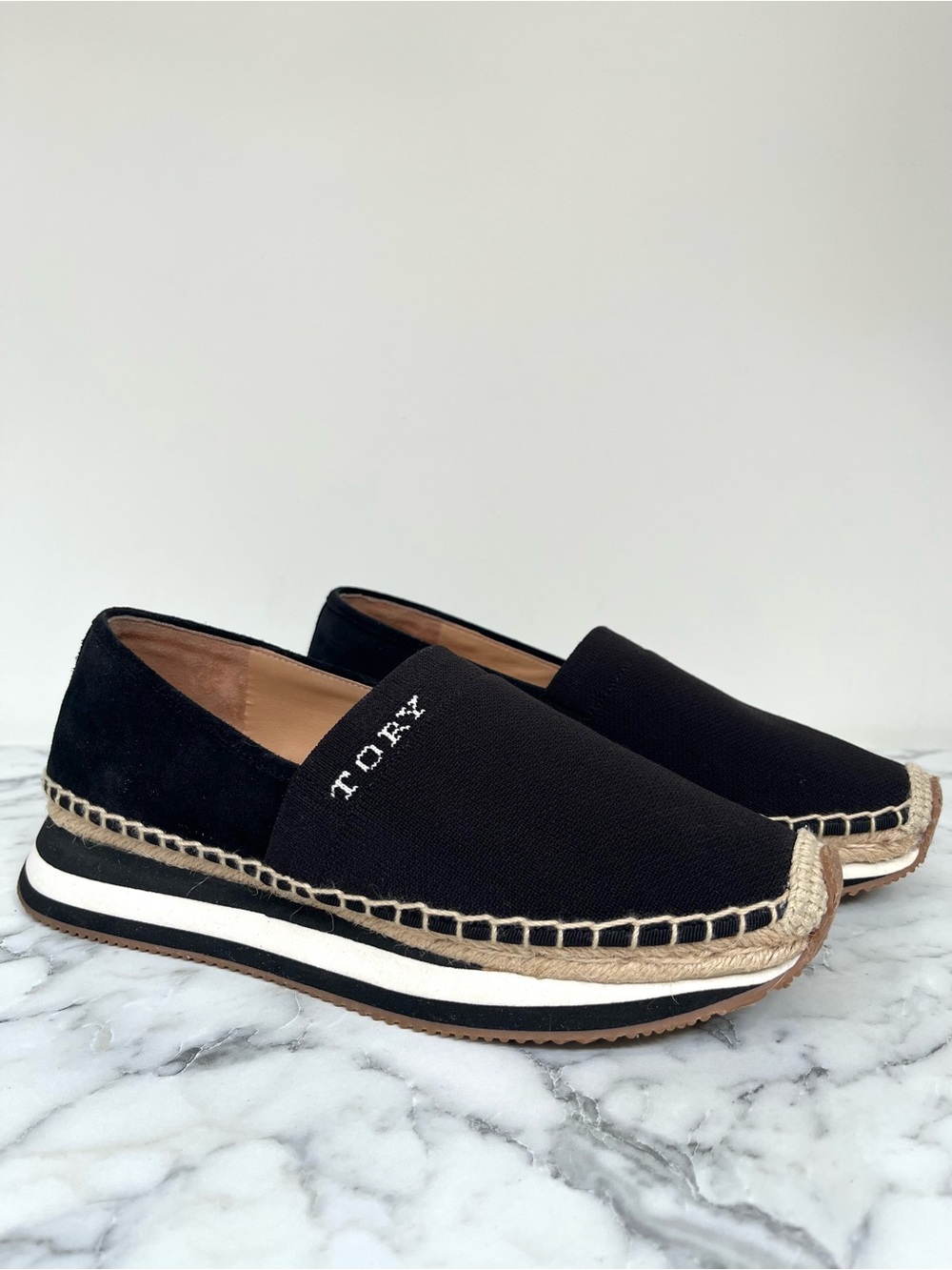 TORY BURCH Suede Leather Espadrille Daisy Black Slip On Trainers Sneakers 9